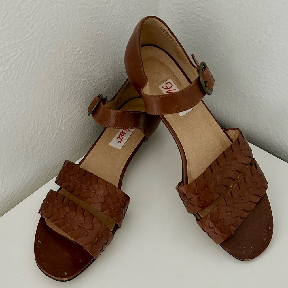9West Brown Woven Leather Sandals with Flat Sole, Made in Brazil, 8.5- EUC